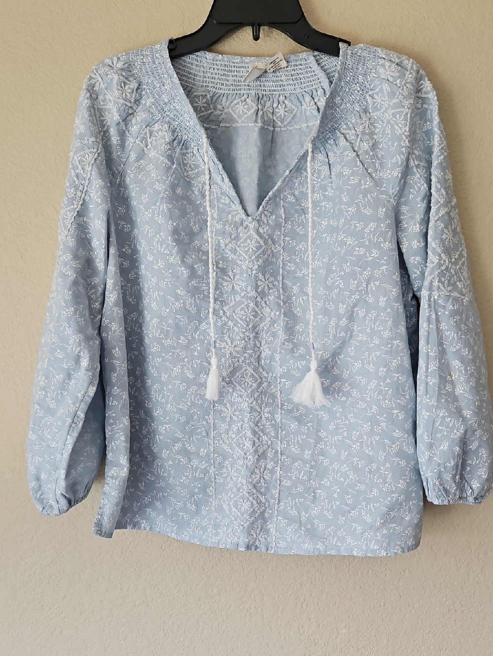 Joie Light Blue Embroidered V-Neck Women's Top with Tassel Ties Medium